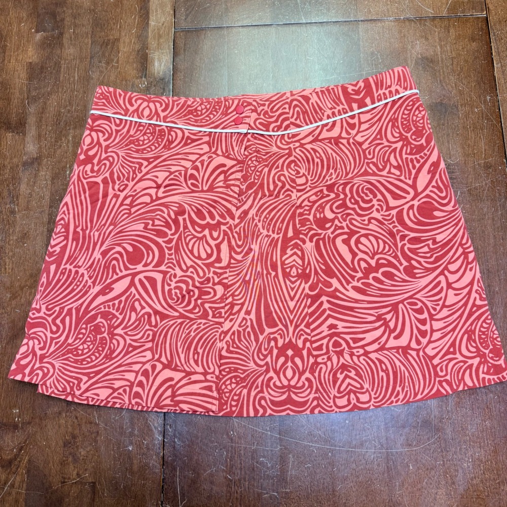 Patagonia Wrap Boardie Mini Skirt‎ 14 Coral Orange Rust Swirl Snaps Swim Coverup